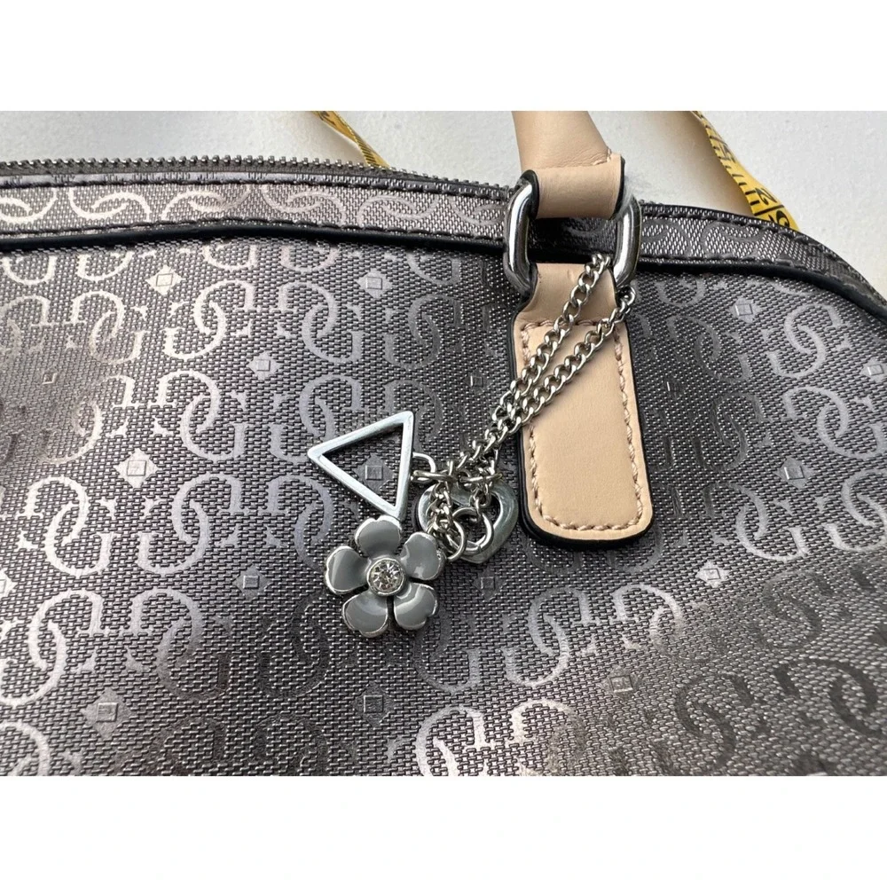 Guess Satchel Handbag Metallic Pewter Logo Embossed Tan Handles Leopard Lining